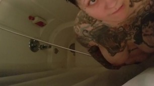 Chubby Tattooed MILF Squirts in Shower 2 Times. Sexy Feet.