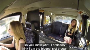 Lesbians in fishnets licking in fake taxi